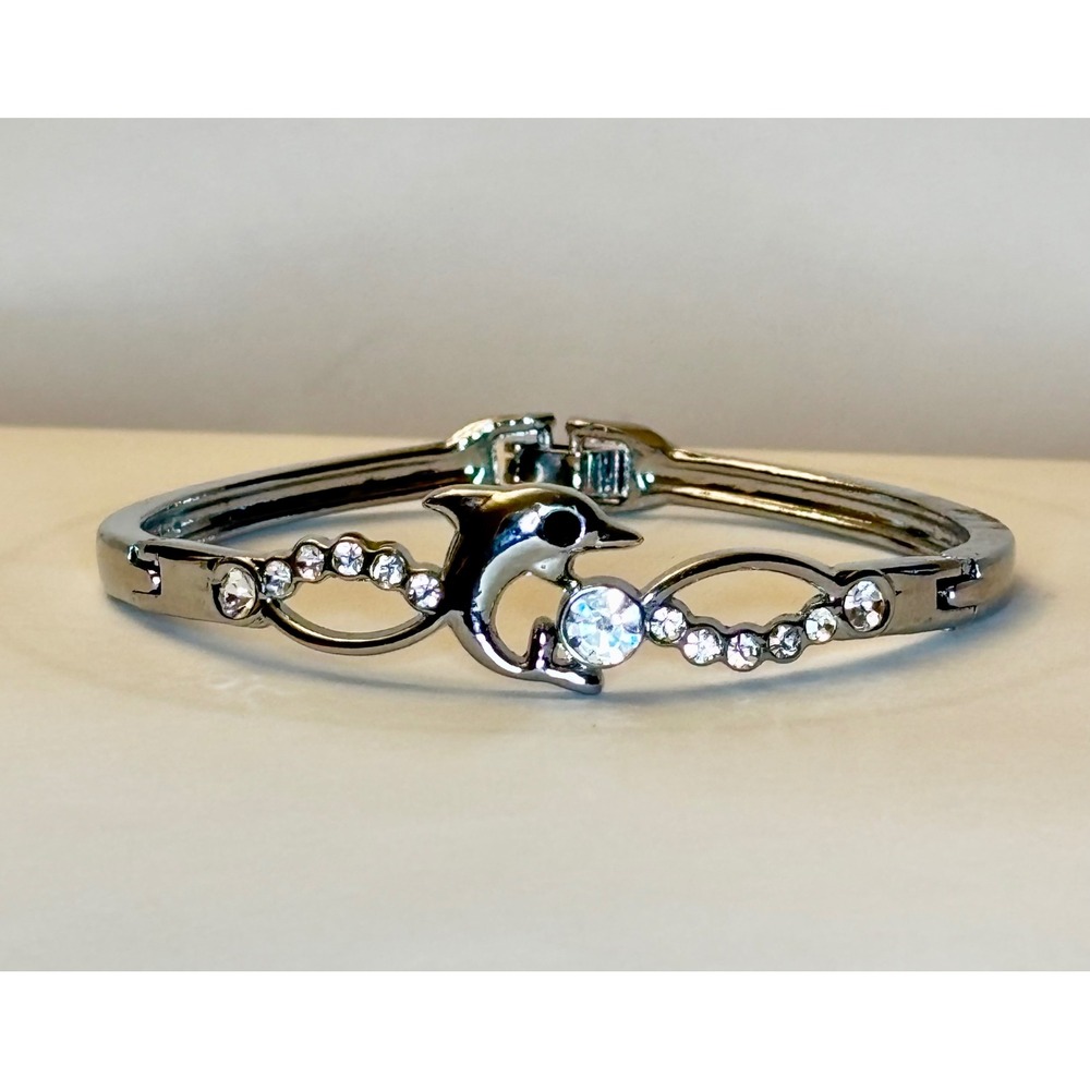 Dolphin Bangle Bracelet Rhinestone Crystal Nautical Jewelry Silver Tone 6.75 In